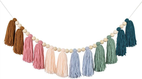 DrCor Boho Rainbow Tassel Garland - Handmade Cotton Yarn Wall Hanging in Earthy Tones for Nursery, Kids Room, Baby