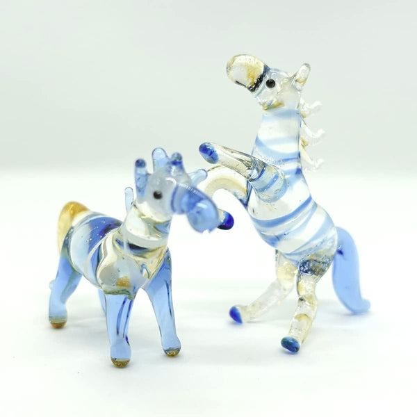 2 Horse Miniature Figurines - Hand Blown Color Glass Art Collectible Gift Decor, Blue Amber