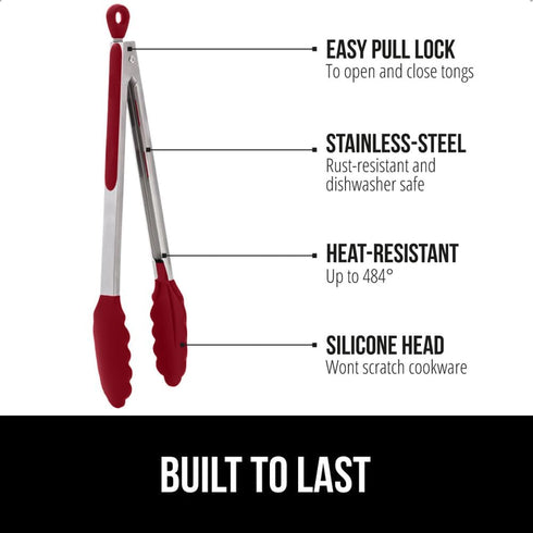GORILLA GRIP Stainless Steel Kitchen Tongs - Heat Resistant Cooking Tongs Set of 2, 9 + 12 Inch, Non Scratch Silicone