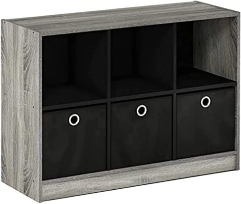 Furinno Basic 3x2 Cube Storage Bookcase Organizer with Bins in French Oak Grey/Black