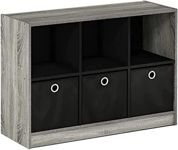 Furinno Basic 3x2 Cube Storage Bookcase Organizer with Bins in French Oak Grey/Black