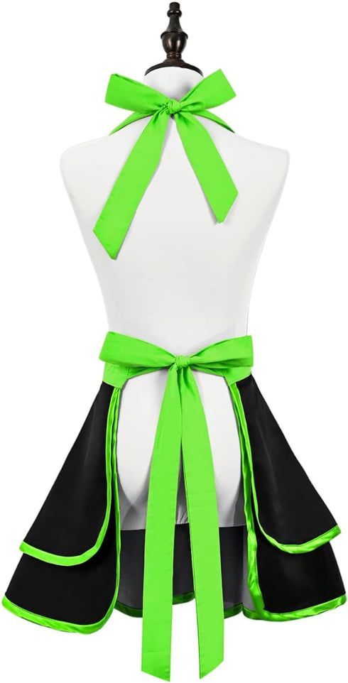 Cute Lovely Retro Aprons for Women, Vintage 50s Black Green Cooking Kitchen Ruffle Apron for Housewife Gift