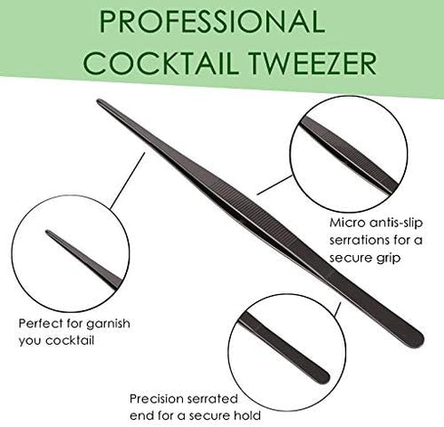 Tongs Tweezers - 12 Inch Long Food Tongs, Straight Serrated Forceps Cocktail Tweezers Bar Tool in Gold