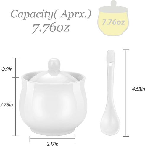 TkoYuHm 7oz Farmhouse White Ceramic Sugar Bowl with Lid and Spoon Salt Container Jar for Coffee Table Porcelain