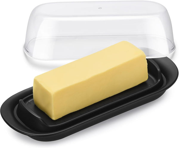 Black Butter Dish with Clear Lid, Airtight Butter Keeper Tray for Countertop, Dishwasher Safe for West/East Coast Butter
