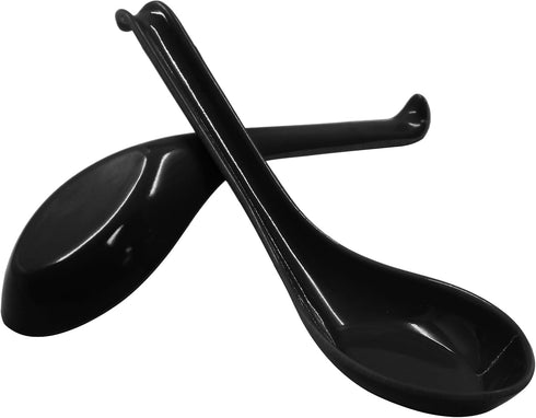 2PCS Black Melamine Asian Soup Spoons for Miso, Ramen, Wonton, Dumpling, Pho, Rice Noodle, Soba