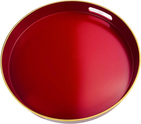 13" Round Decorative Tray, Red Serving Tray with Handles, Plastic Coffee Table