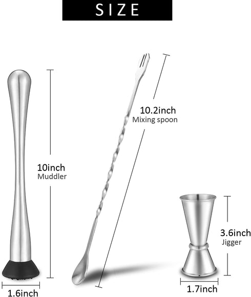 Stainless Steel 10-inch Muddler for Cocktails, Mixing Spoon & Measuring Jigger, Professional Bar Tools