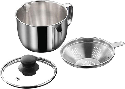 Stainless Steel 4 Cup/1000ML Fat Separator with Strainer and Glass Lid, Soup Oil Separator Cup for Cooking, Kitchen Oil