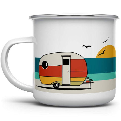 Good Vibes Retro Camper Enamel Mug, 12oz Camping Coffee Mug, Beach Surf Lover Gift