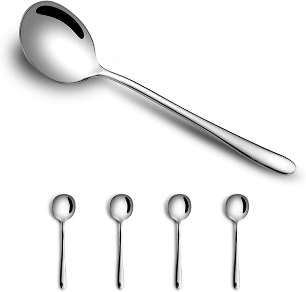 4-Piece Round Stainless Steel Bouillon Spoons, Heavy-Weight Round Deep Bowl Spoon Set for Soup, Milk, Dishwasher Safe