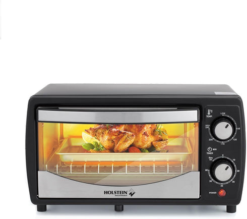 Holstein Housewares 4 Slice Countertop Toaster Oven with 60 Minute Timer, Compact Design in Sleek Black.
