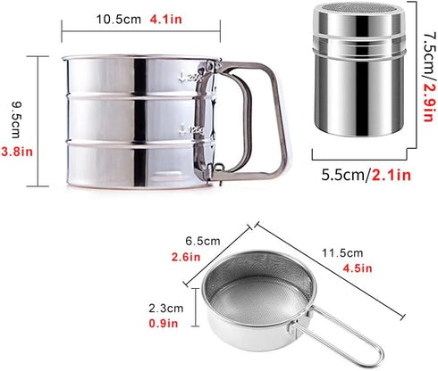 3 in1 Stainless Steel Flour Sifter for Baking 3 Cup Sifter for baking, Flour Sifter for Baking Cakes, Pastries, Pies, Cupcakes and Desserts, Powdered Sugar Shaker Duster, With Hand Press Design