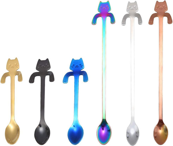 6 PCS Cat Spoon Coffee Tea Spoon Set, ESRISE Stainless Steel Mini Long Cute Kitten Teaspoons for Dessert Mixing