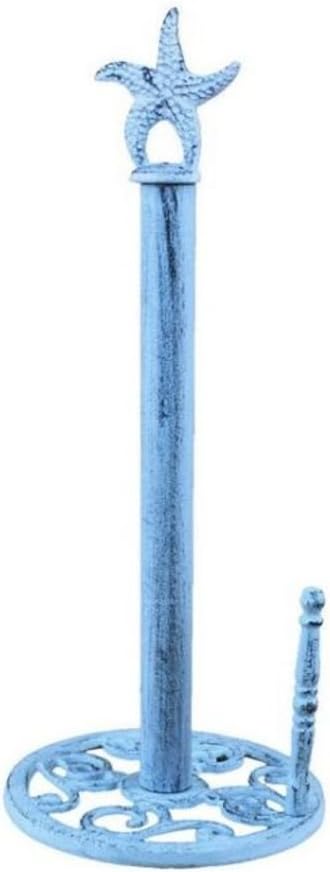 15" Handcrafted Nautical Decor Rustic Dark Blue Whitewashed Cast Iron Starfish Paper Towel Holder - Starfi