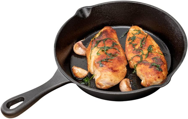 Restaurantware Met Lux 7.75 Inch Cast Iron Skillet - Pre-Seasoned Fry Pan with Handle and Pour Spouts for Cooking