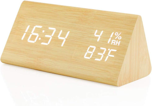 OCT17 Wooden Alarm Clock - Smart LED Digital Clock with Time Temperature, Humidity Display, Bamboo, Adjustable
