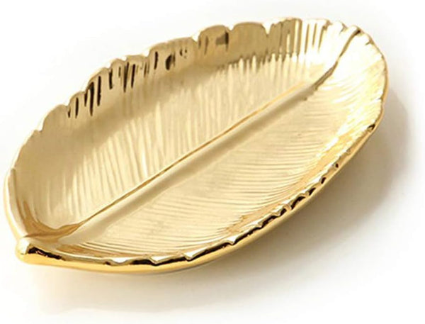 Lependor Golden Leaf Shaped Small Ceramic Jewelry Dish, Decorative Trinket Holder for Wedding Party