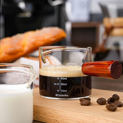 1 Pack Double Spouts Measuring Triple Pitcher Milk Cup with Wood Handle - 75ML Espresso Shot Glasses Parts Clear Glass