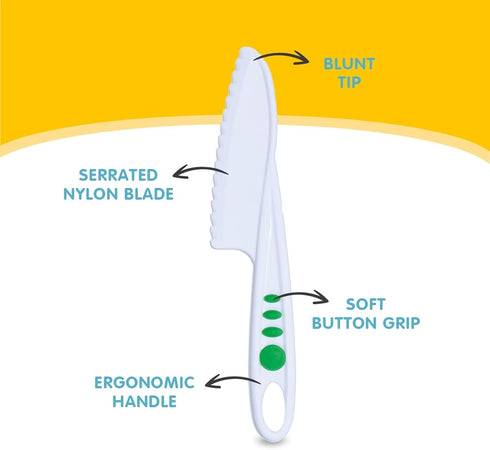3-Piece Nylon Knives for Kids Curious Chef - White & Green - Child Safe & Serrated Blunt Tip Chef Knives - Safe for