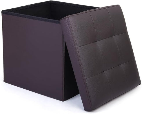 Ottoman,13x12x12 inch LotFancy Storage Ottoman Cube, Brown Foot Stool Square Ottoman with Lid, Faux Leather Seat