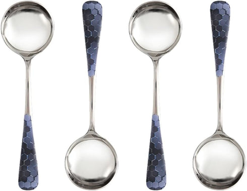 Stainless Steel Coffee Round Spoon - 4 Set of 6 Inches Korean Dessert Spoon with Hexagonal Pattern for Home or