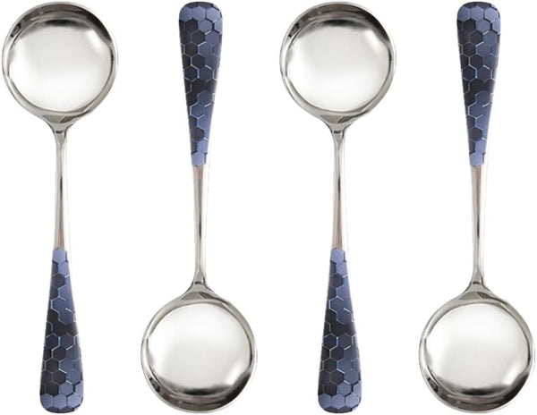 Stainless Steel Coffee Round Spoon - 4 Set of 6 Inches Korean Dessert Spoon with Hexagonal Pattern for Home or