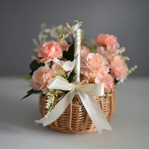 Wicker Rattan Flower Basket, Hand Woven Wedding Flower Girl Basket Decoration, Candy Storage Home Decoration (S, pink)