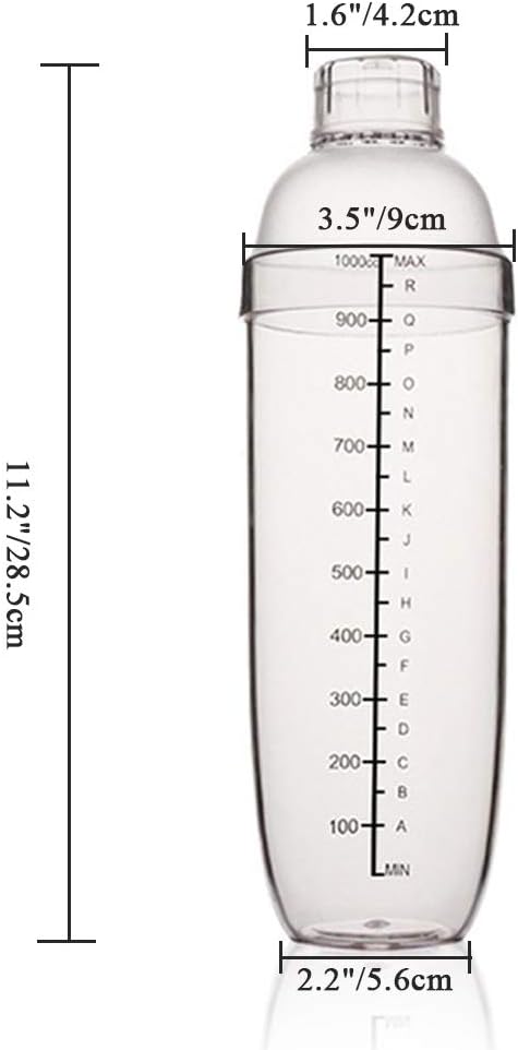 FEOOWV Plastic Cocktail Shaker, Transparent Drink Mixer Hand Shaker Cup with Scales, 33 oz / 1000cc