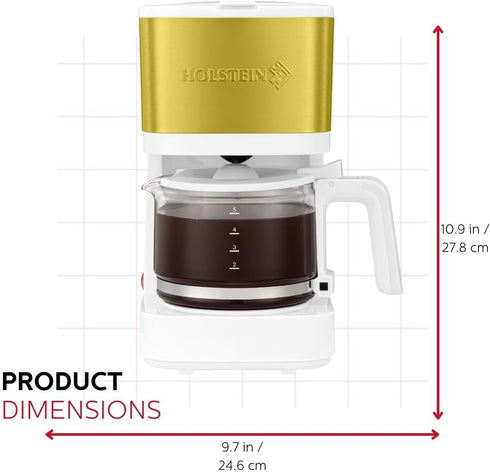 Holstein Housewares 5-Cup Coffee Maker, Pause N Serve, One-Touch Operation, Non-Stick Warming Plate, White and Gold