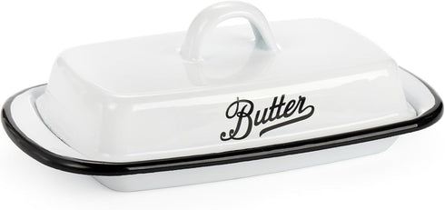 Suwimut Enamelware Butter Dish with Lid, Vintage Style White Butter Container with Black Rim for Countertop