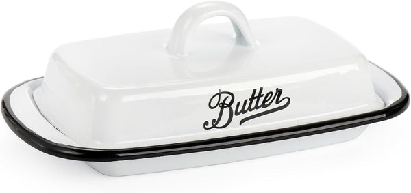 Suwimut Enamelware Butter Dish with Lid, Vintage Style White Butter Container with Black Rim for Countertop