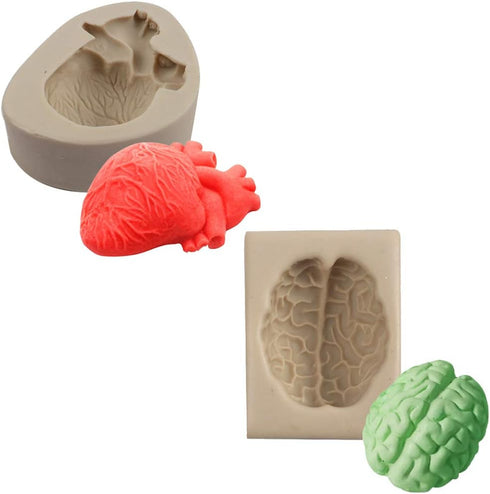 2PCS Halloween Heart and Brain Silicone Molds - DIY Human Organ Fondant Mould for Cake, Candy, Biscuit, Kitchen Tools