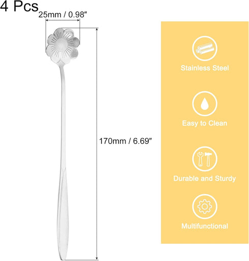 uxcell 4Pcs Stainless Steel Flower Spoon 7 Inch Long Handle Sun Flower Teaspoon Ice Cream Spoon Coffee Spoons for Cocktail Stirring Mixing, Silver