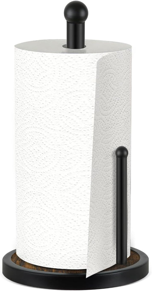 Paper Towel Holder Countertop, Standing Wooden Base Paper Towel Rack for Kitchen and Bathroom, Fits Standard Rolls