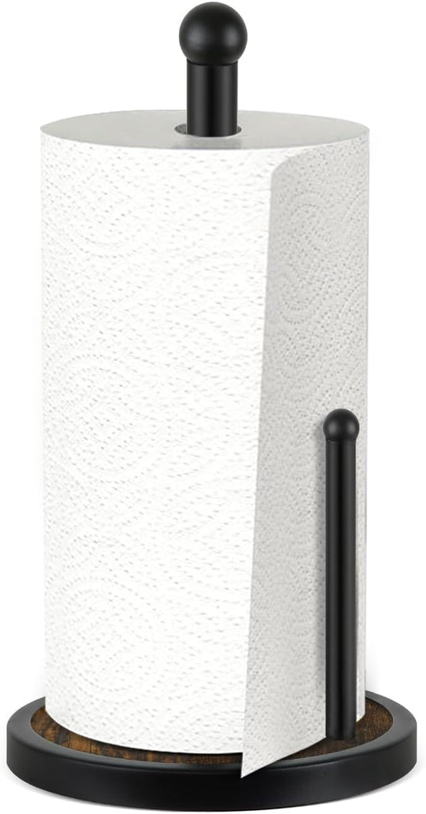 Paper Towel Holder Countertop, Standing Wooden Base Paper Towel Rack for Kitchen and Bathroom, Fits Standard Rolls