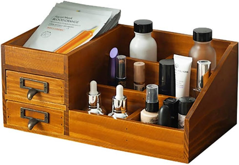 Wooden Makeup Organizer, Rustic Vanity Tray for Bathroom Countertop, Skincare and Perfume Storage