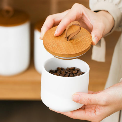 Ceramic Storage Jars, Elegant Airtight Canisters with Wooden Lid for Kitchen Spice Tea Sugar Storage (White)