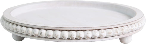 12in HPC Decor Round Wood Tray - White, Distressed, Farmhouse Rustic - Decorative Tray for Living Room, Coffee Table