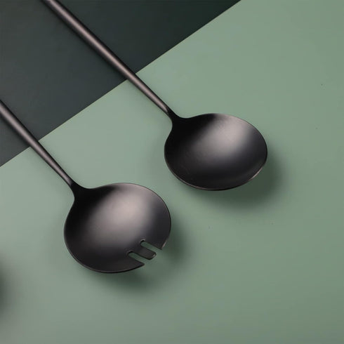 Salad Servers - 11.41 inch Spoon and Fork Set, 18/10 Stainless Steel with Titanium Plating (Black)
