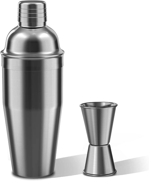 Cocktail Shaker Set, 24oz Stainless Steel Drink Shaker with Double Measuring Jigger & Built-In Strainer (Black)