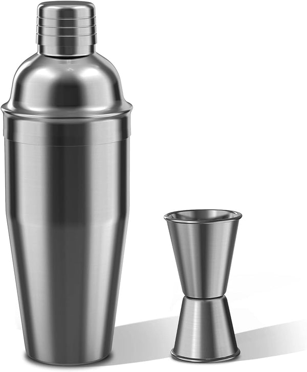 Cocktail Shaker Set, 24oz Stainless Steel Drink Shaker with Double Measuring Jigger & Built-In Strainer (Black)