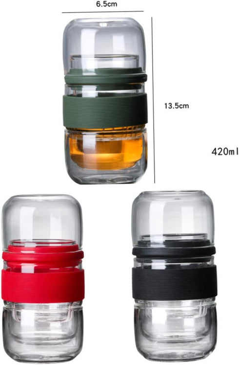 Travel Coffee Glass Cup Set, Glass Teapot and Kettle with Infuser, Portable Tea Tumbler Drinking Bottle