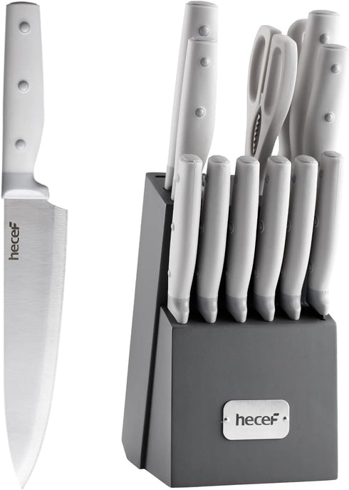 hecef 14 Pieces Kitchen Knife Block Set with Wooden Block & Sharpener, High Carbon Stainless Steel Cutlery Set