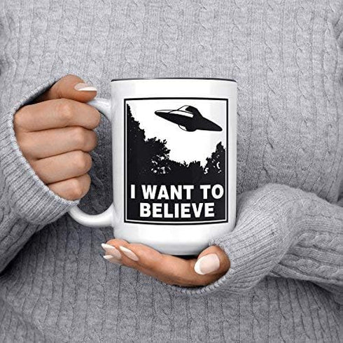 Artisan Owl I Want to Believe UFO Mug, 15oz Funny Alien Tea & Coffee Cup for Sci-Fi Fans in Black Inlay