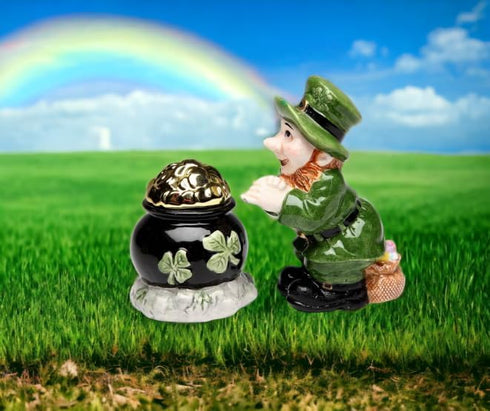 Green Leprechaun and Black Pot of Gold Tone Salt and Pepper Shakers