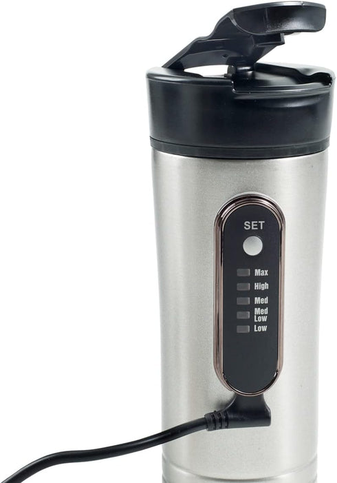 RoadPro RP0719 12-Volt Premium Heated Travel Mug, 15oz, Silver and Black