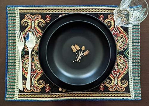 Tache Black Placemats Set of 4 - Rococo Elegant Ornate Black Green Dining Cotton Linen Bohemian Tapestry Woven Paisley
