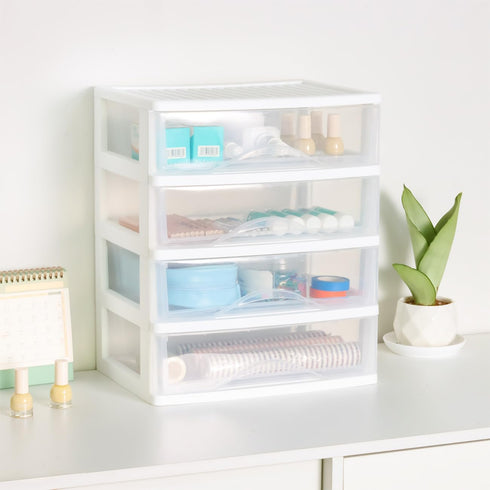 BYCY Plastic Stackable Storage 4 Drawers, White Makeup Organizer with Wide Clear Drawers, Tabletop Drawer Organizer for