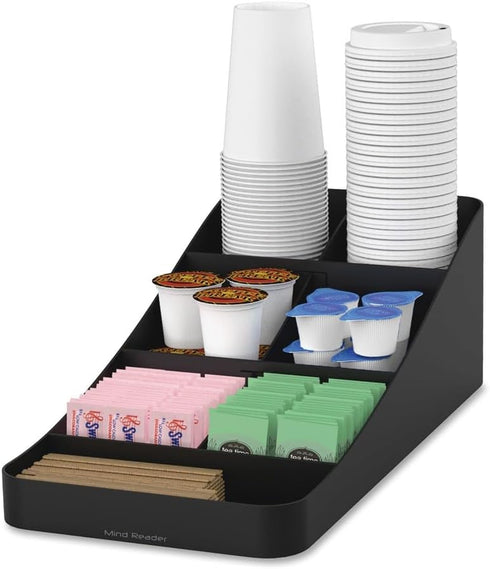 Mind Reader Cup and Condiment Station, Countertop Organizer for Coffee Bar, 7.25"L x 15.5"W x 5.25"H (Black)